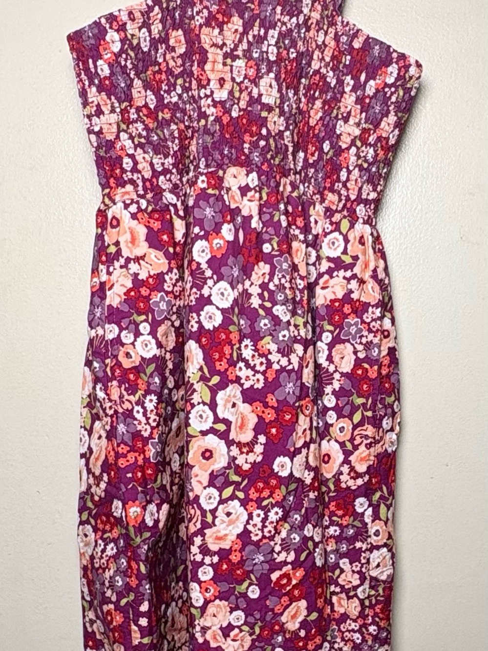 Time and Tru Purple Floral Smocked Casual Dress with Pink Accents